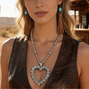 Boho Turquoise Stone & Brown Suede Tassel Earrings Western Cowgirl Set